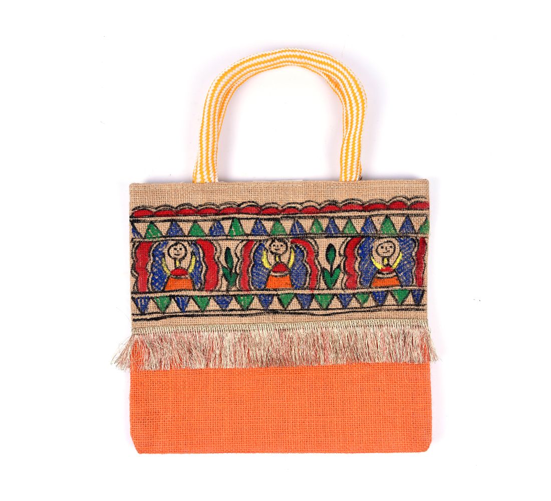 Jute Bag with Madhubani Painting Orange Colour