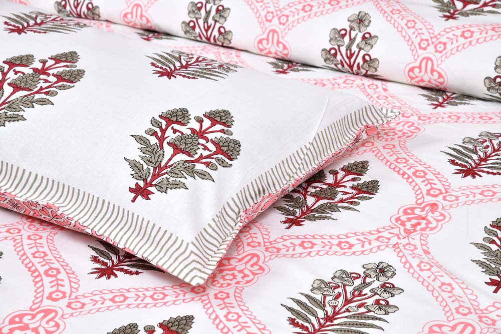 Jaal Salmon Fine Cotton Hand Block King Size Bedsheet Set